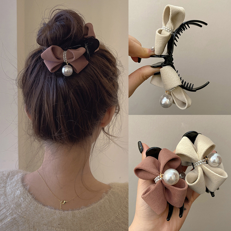 Ribbon Bow Gift - パールノットヘア爪クリップ、エレガントなクリップ、ぬいぐるみポニーテール固定、美しい帽子アクセサリー、女の子へのギフト、新しい、1個