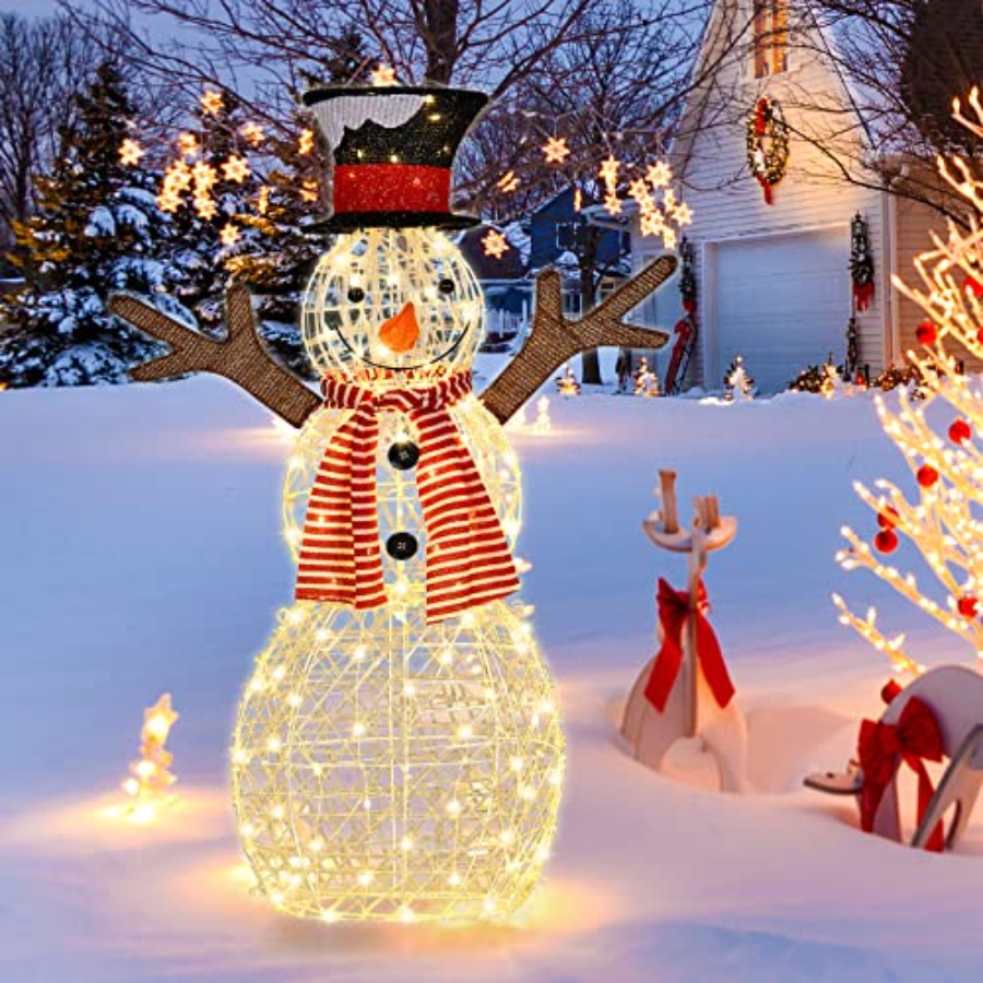 Christmas Lights Outdoor - クリスマス屋外用ライトアップスノーマンヤードデコレーション、PVC製ホワイトスノーマン、80個の温白色LEDライト付き、地面固定用ステークス付属