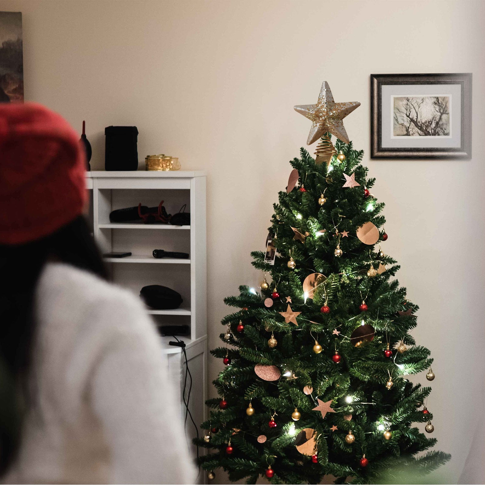 Star Tree Topper - クリスマスツリーのトップスターデコレーション 光沢のあるユニークなクリスマススタートッパー クリスマスツリー吊り下げ飾り DIYパーティーデコレーションペンダント