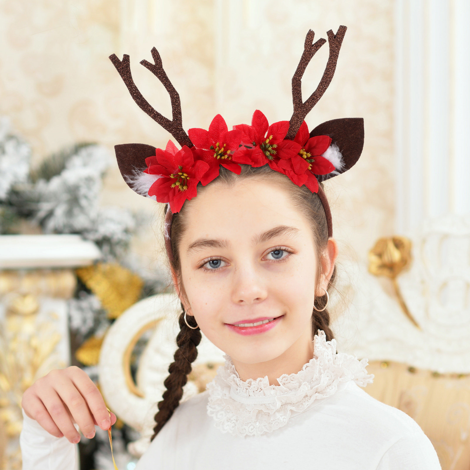 Reindeer Antlers Headband - トナカイの角のクリスマスヘッドバンド、鹿の耳コスチューム、ホリデーパーティー、ステージ、フェスティバル用ヘッドウェア、子供用トナカイコスチューム
