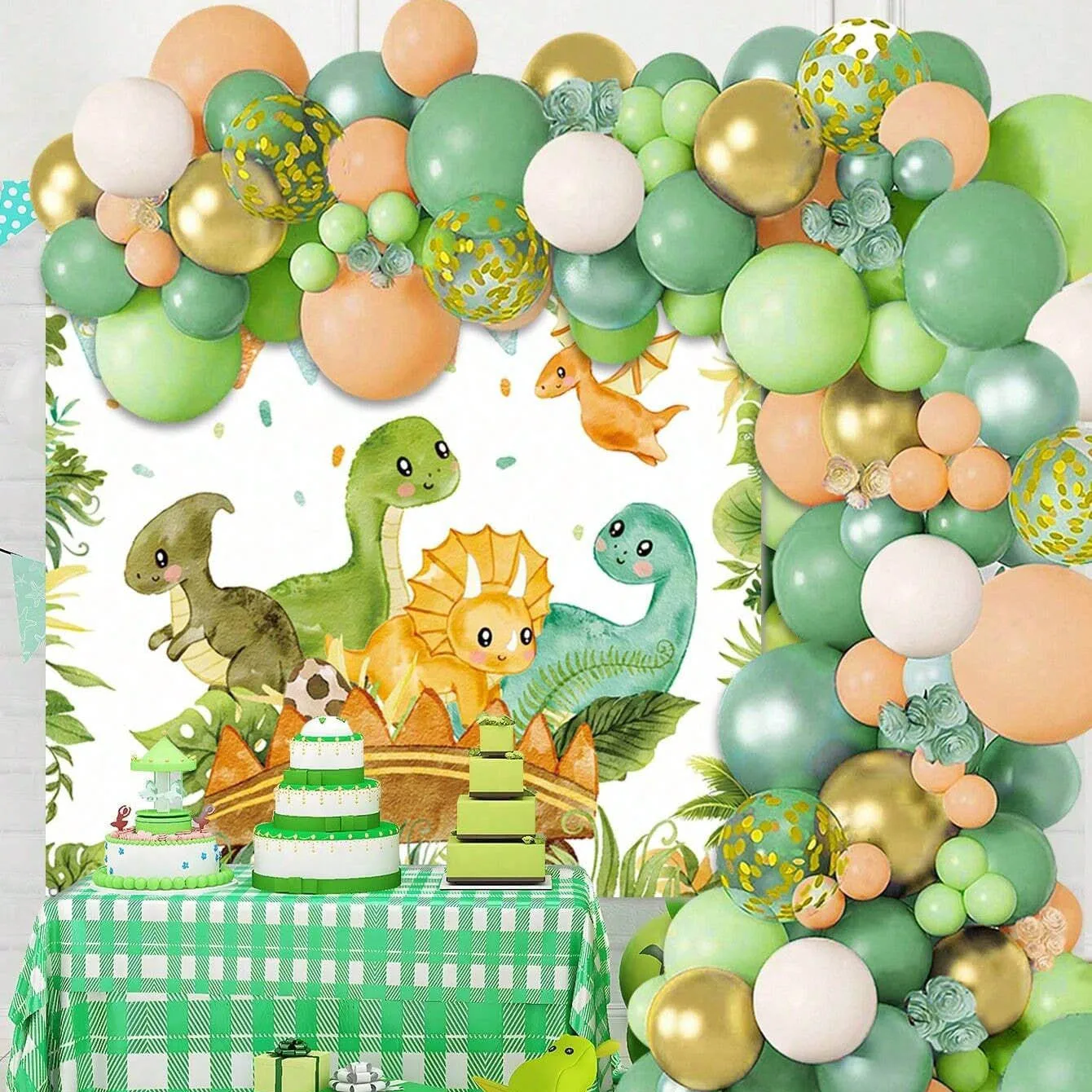 Tinsel Garland Decoration - 恐竜バルーンセットアーチ 子供の誕生日 恐竜テーマパーティー用 ホイルバルーン ティンセルカーテン タッセル背景装飾