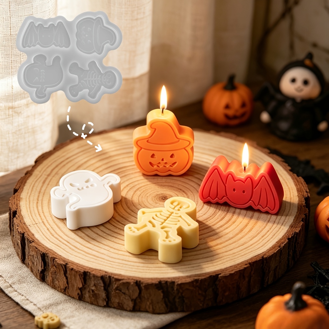 Holiday Candle Set - 4つの空洞を持つシリコン樹脂型セット。DIY粘土の幽霊、カボチャ、コウモリ、スカルキャンドル、ホリデークラフト用の石膏オーナメントに。