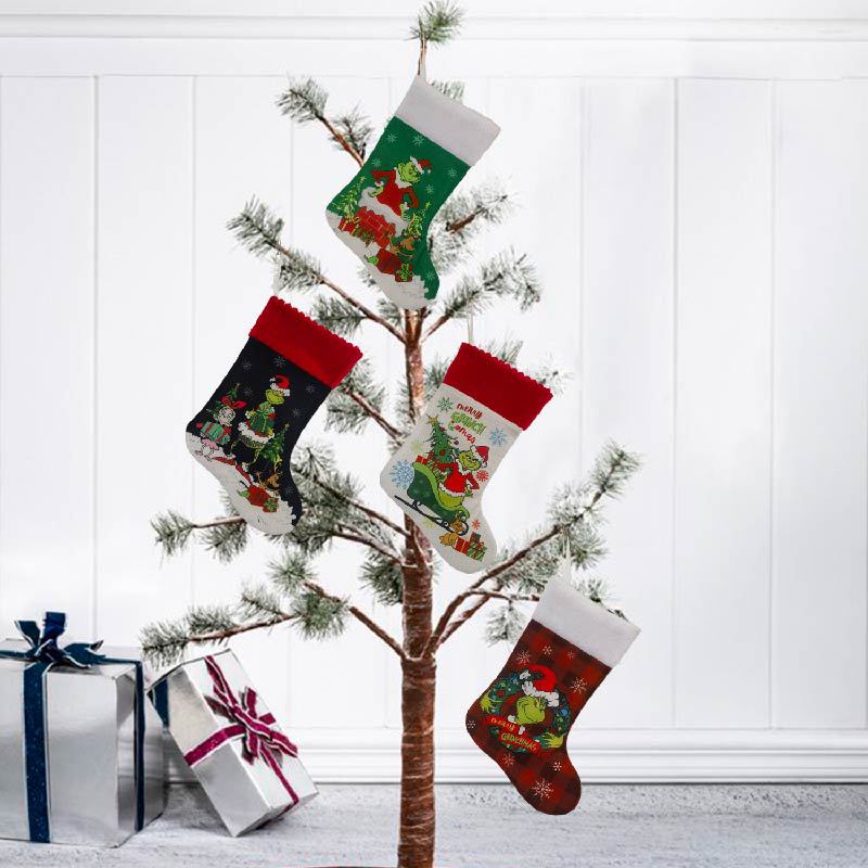 Christmas Stocking Hanging - クリスマスストッキンググリンチソックスエルフギフトバッグ漫画グリーンモンスターぶら下げ飾り暖炉の装飾