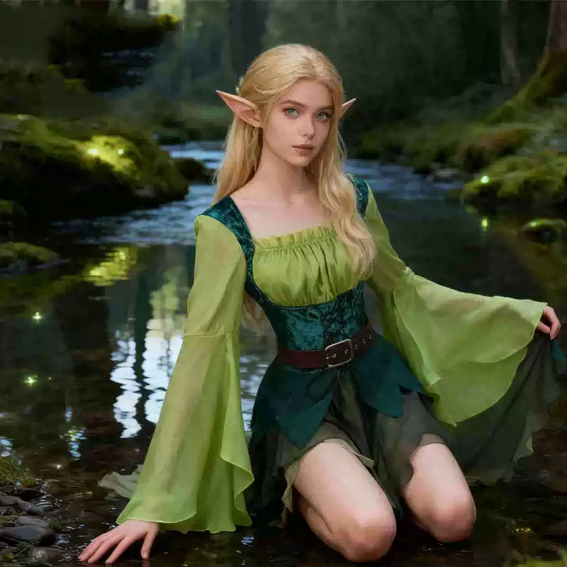 Elf Costume Christmas - 女性用エルフ中世グリーンフェアリードレス魔法のエルフドレスと翼付きベルトハロウィンクリスマスパーティーコスプレ衣装