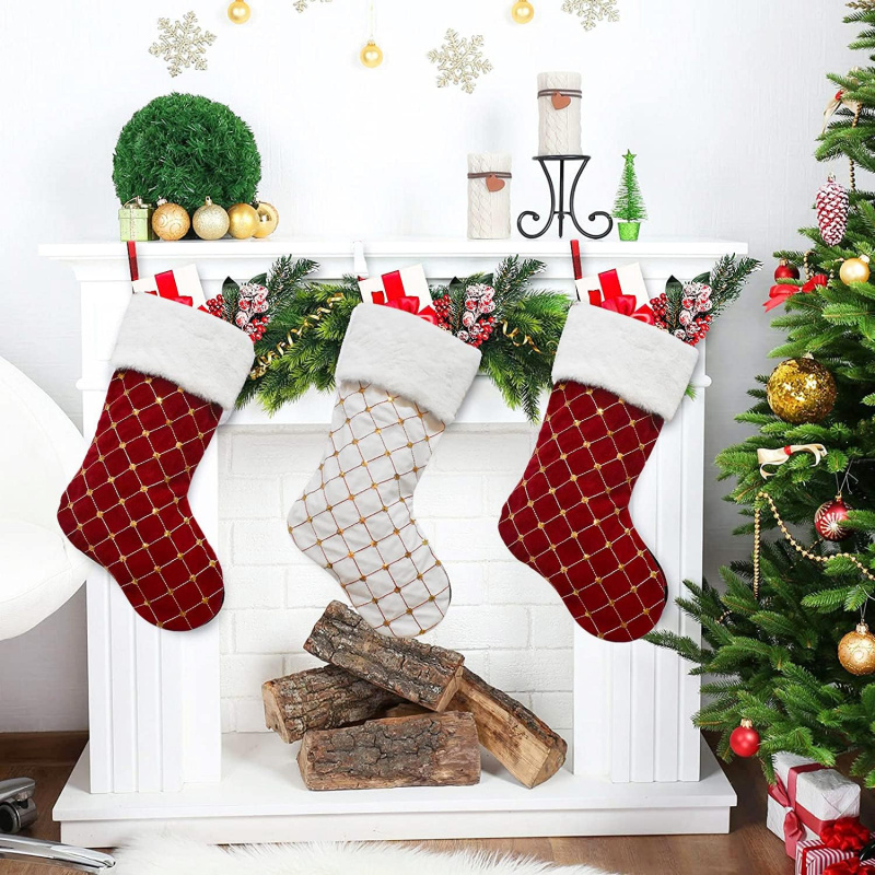 クリスマスストッキング ソフトフェイクファー チェック柄 暖 - Christmas Stocking Hanging のレビューと価格