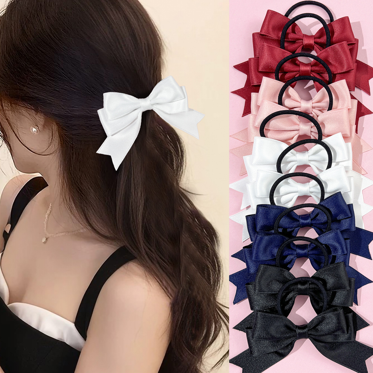 2個入りのリボンヘアゴム、甘くてシンプル、ダブルポニーテール - Ribbon Bow Gift のレビューと価格
