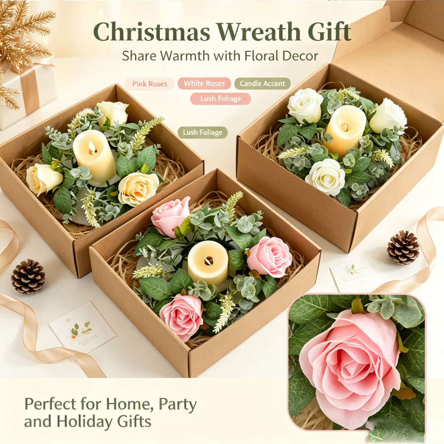 人工バラの花輪型燭台花飾りデスクトップキャンドルホルダークリ - Christmas Wreath Fake のレビューと価格